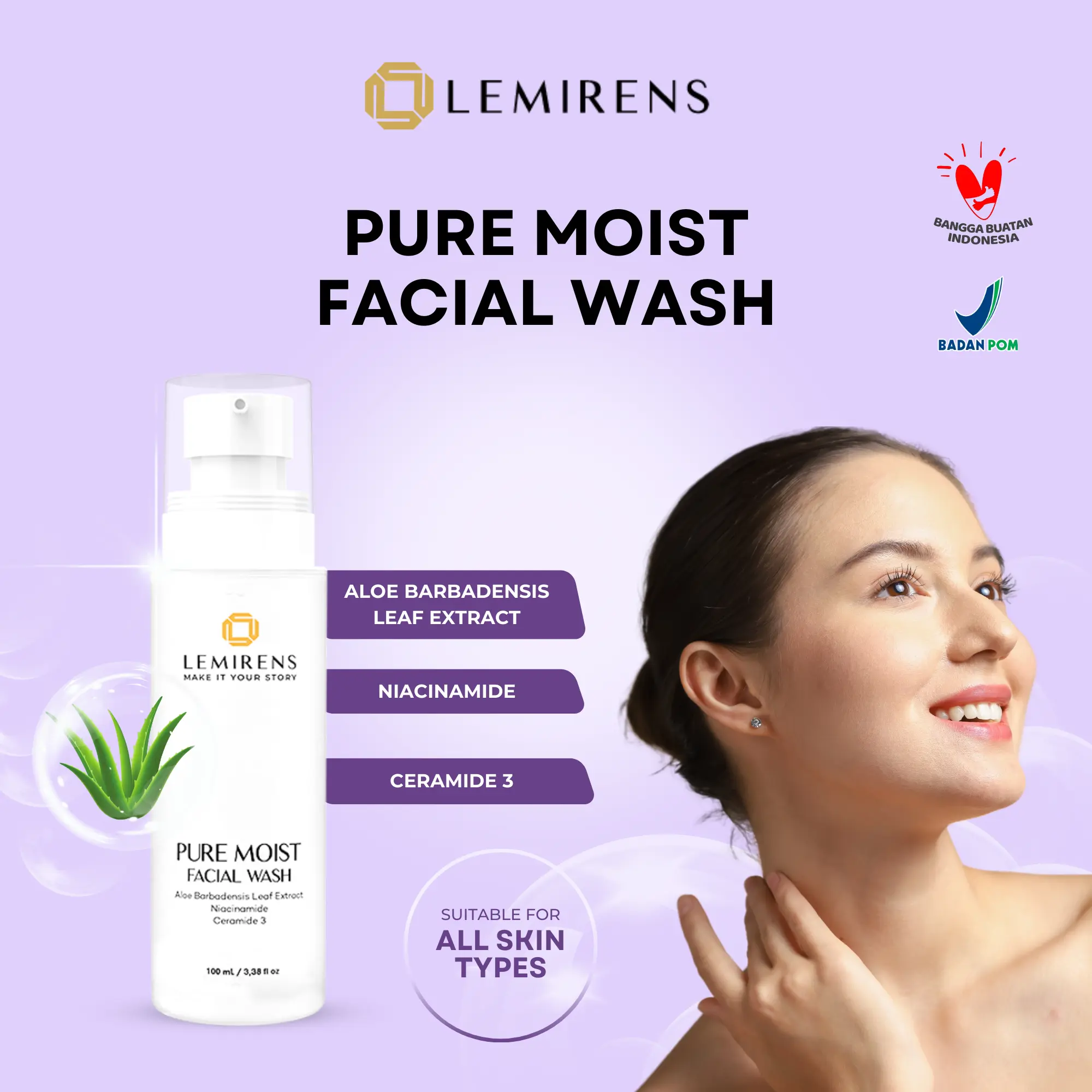 Lemirens Pure Moist Facial Wash - Membersihkan & Melembapkan Kulit Wajah, Cocok Semua Jenis Kulit