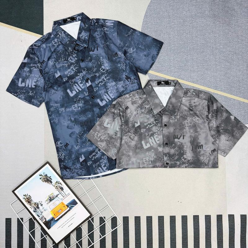 Áo sơ mi nam tay ngắn hai màu xanh xám in họa tiết 3D vải cotton lụa dày dặn mẫu mới thời trang mã 515 Có Cổ Jean M L XL XXL