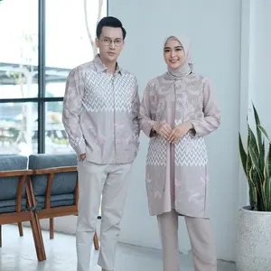 BRAWEE Tunik Batik Couple Wanita Motif Bunga Zigzag Kancing Katun Muslim Nyaman Seragam Atasan Dress Panjang Kerja