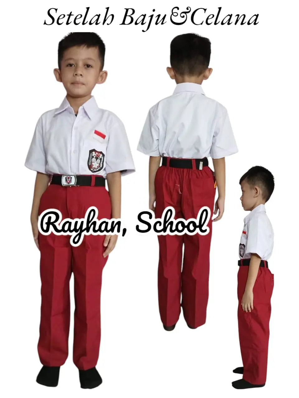 Setelan Seragam Sekolah Dasar SD Baju kemeja Putih Lengan Pendek Dan Celana Panjang warna merah Anak laki-laki Usia 5-15thn
