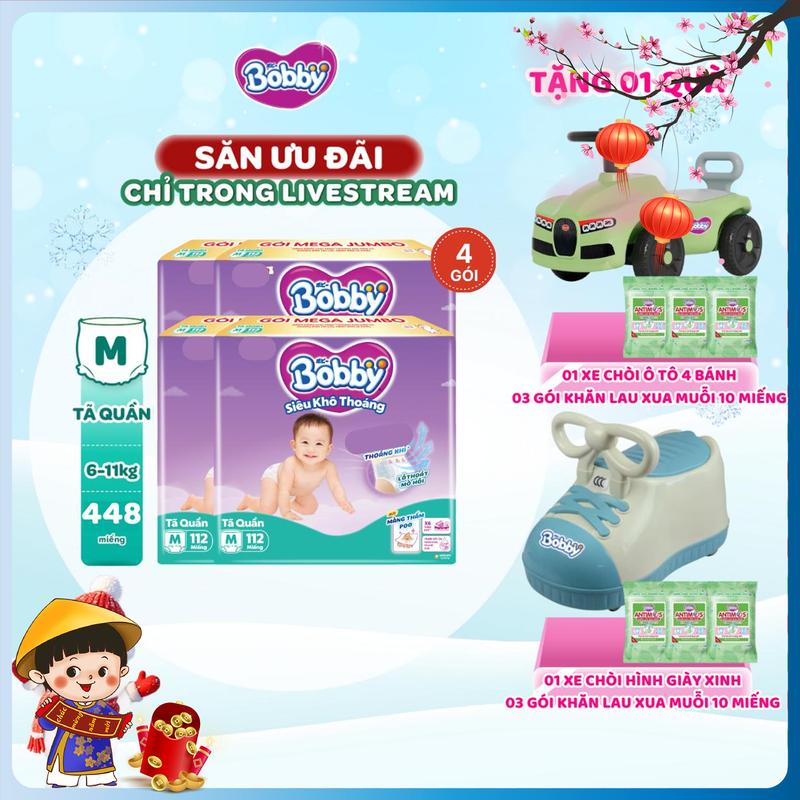 KOL COMBO 4-TẶNG XE CHÒI OTO XE CHÒI GIÀY+KLXM Bobby Tã bỉm quần M112 L96 XL84 XXL76 Siêu khô thoáng