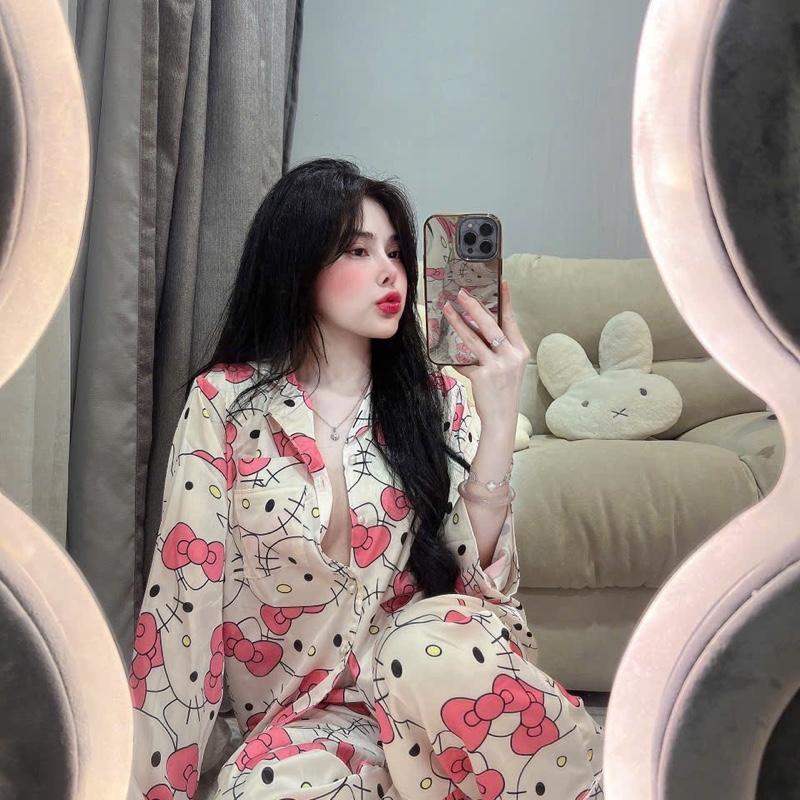 Đồ Bộ Ngủ Nữ Chất Lụa Xướt Latin Mịn Dài Tay Free size 40 - 60kg