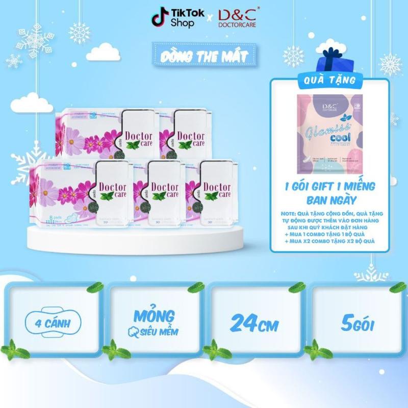 Băng vệ sinh thảo dược D&C Doctor Care Ban Ngày 24cm COMBO 5 gói - bvs bạc hà mát lạnh - [Tặng 1 gói Gift 1 miếng BN]