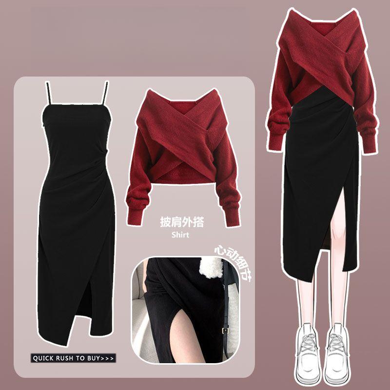 Product Introduction of Oversized Fat Sister Autumn Set for Women 2023 New Knitted Sweater Sweater for Women Slim Slim Drop Dress Two Piece Set 1