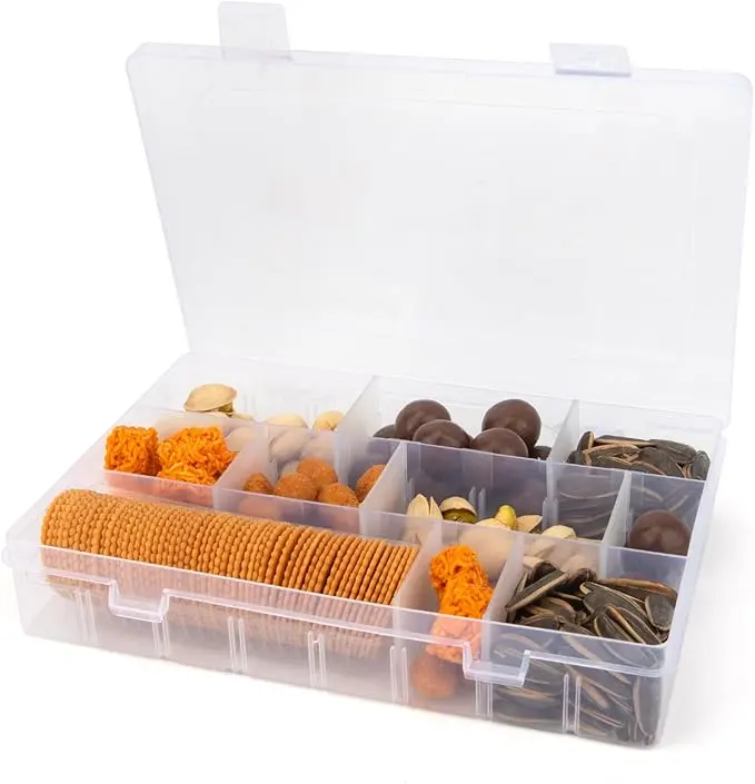 24 Grid Plastic Organiser Snackle Box with Compartments, Leak-Proof Lid for Crafts, Beads, Travel Plane Snacks, Earrings & Screw Storage | Portable Multi-Compartment Storage Box (Snack Tray)