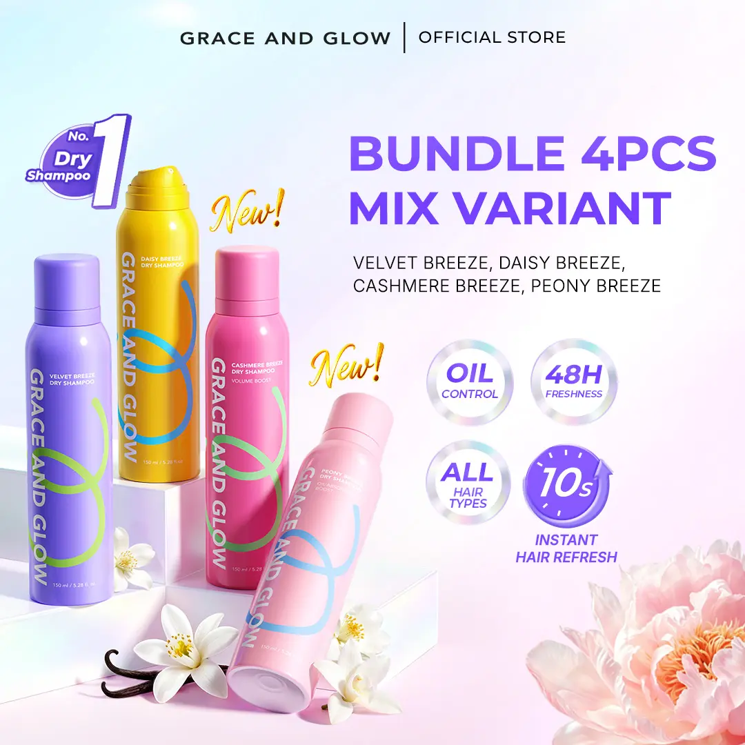 Grace and Glow Bundle Dry Shampoo All Variant Daisy, Velvet, Cashmere, Peony Breeze 150ml | Sampo Tanpa Bilas Hair Spray Semprotan Rambut Tanpa Residu Anti Lepek Atasi Kulit Kepala Berminyak Shampo Fresh Hair Styling Rambut