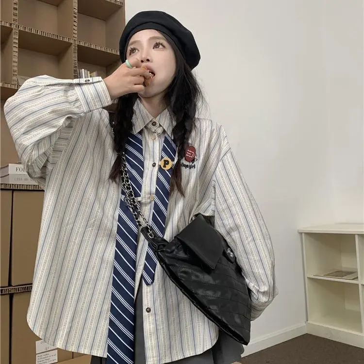 Áo Sơ Mi Dài Tay Kẻ Sọc Với Thắt Lưng Cao, Cổ Điển, Preppy, Kiểu Mỹ, Trông Mỏng, Bộ Sưu Tập Mới
