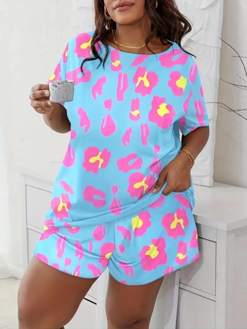 Product Introduction of Plus Size Graphic Print Summer Clothes Set, Casual Round Neck Short Sleeve Tee & Elastic Waist Shorts, Women's Two-piece Outfits, Co ord Set Summer 5