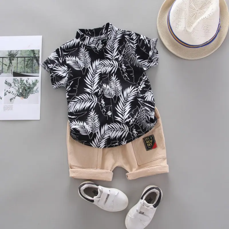 Children Boys Short Sleeve Leaves Pattern T-shirt +Shorts Casual Outfits Set