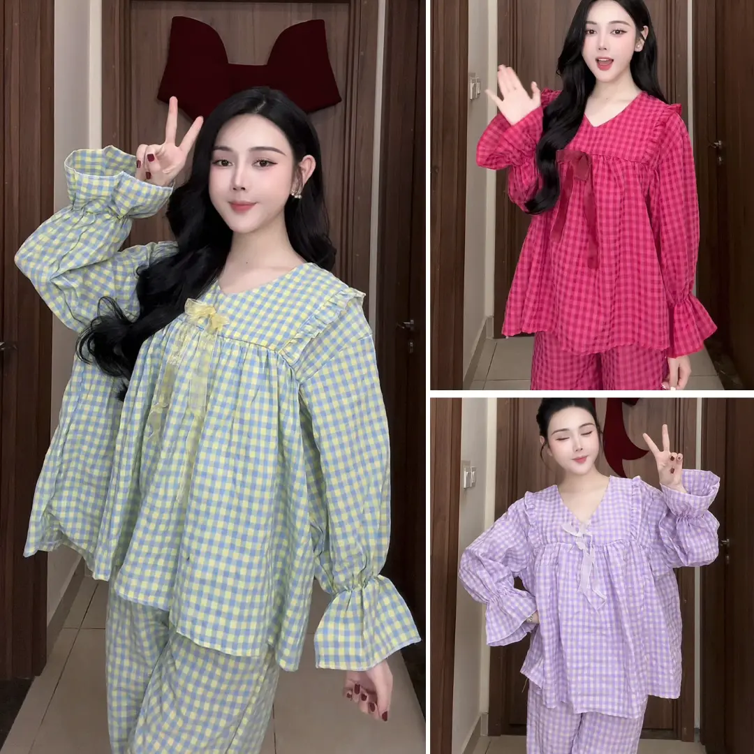 Set đồ bộ nữ babydoll kẻ caro dài tay, bộ đồ măc nhà tiểu thư bánh bèo kiểu dáng dễ thương