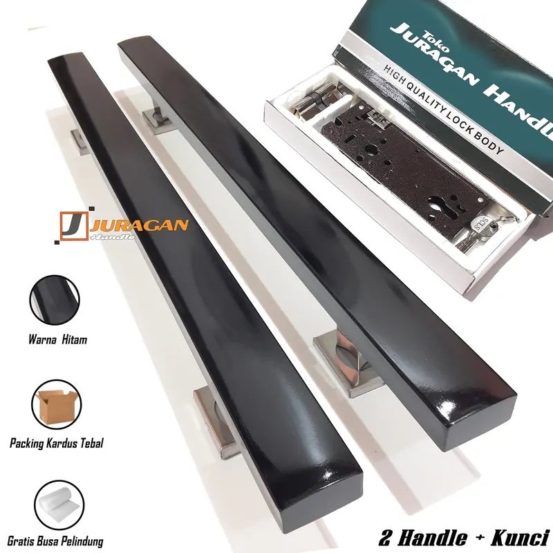 Gagang Pintu Hitam Besar Panjang 60 cm - Paket Handle Set Kunci Pelor - Tarikan Pintu Elegan Modern Mewah 1