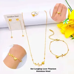 Set Lengkap Love Detak Titanium Anti Karat Anti Luntur Aksesoris Fashion Korean Style Stainless Steel