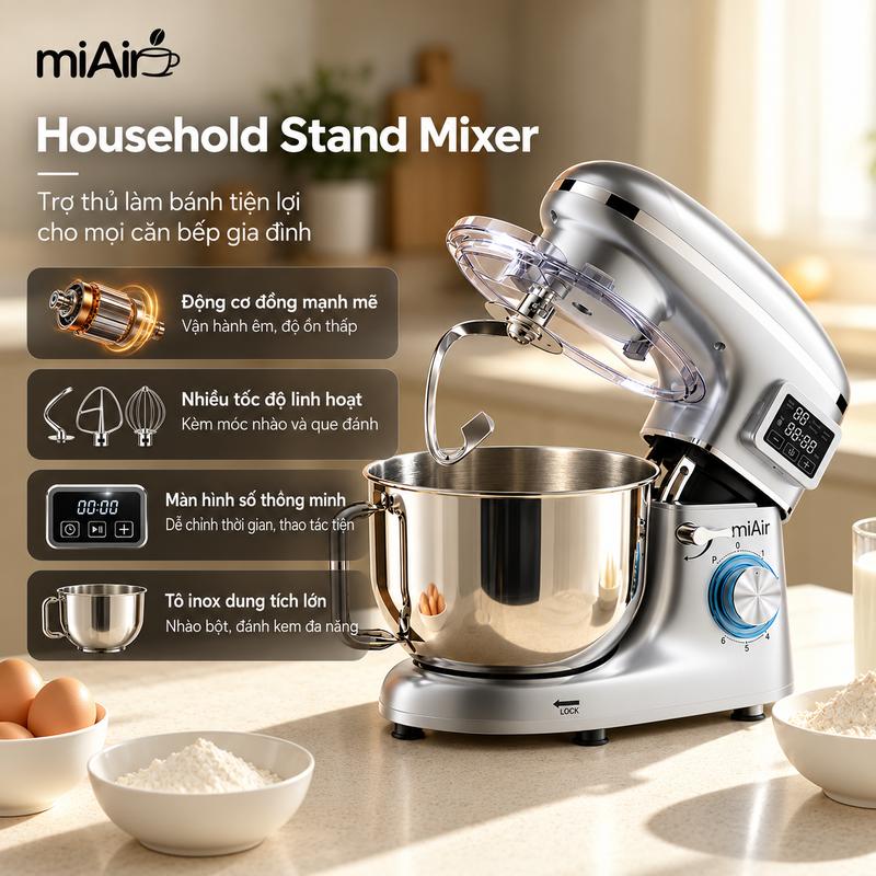 miAir Máy trộn bếp đa năng 1900W động cơ đồng nguyên chất, bát inox 5.5QT, 6 tốc độ + xung nhịp, hiển thị thời gian thông minh, máy nhào bột đánh trứng làm bánh ít tiếng ồn