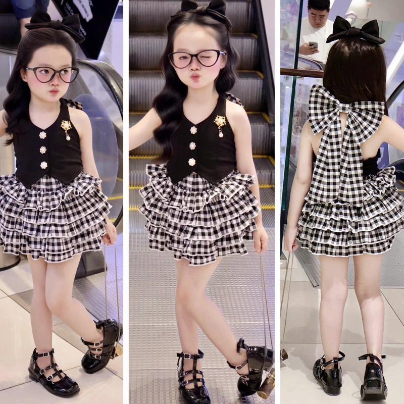 Bộ chân váy karo 5 tầng bồng bềnh + áo vét đen nơ cổ xinh cho bé gái