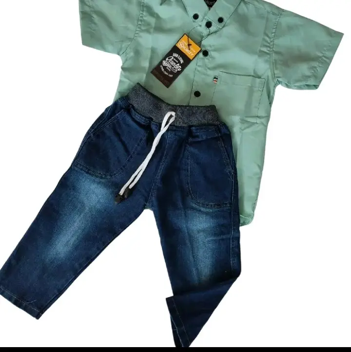 setelan kemeja anak laki lengan pendek jeans