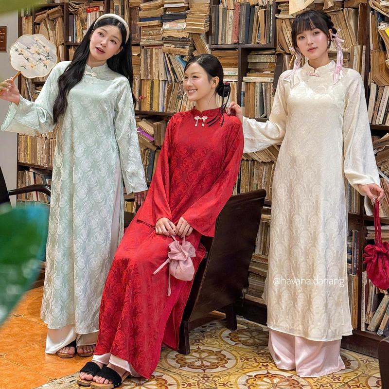   HAVANA  CÓ BIGSIZE - Áo dài lụa THỌ DƠI in chi tiết 3D phối phụ kiện cổ kèm quần Satin AD213 