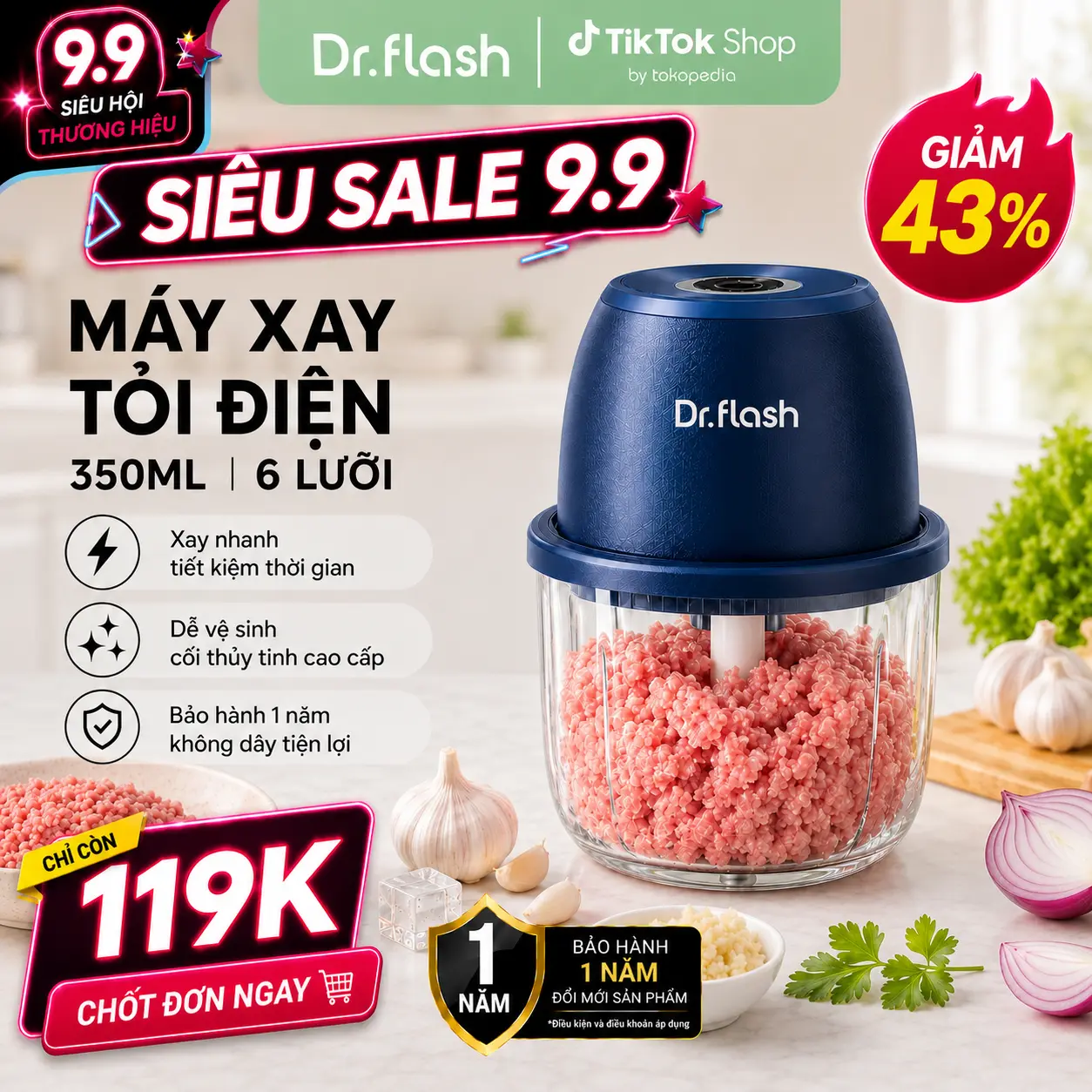 【9.9】Dr.flash  Máy xay tỏi đa năng mini gia dụng, không dây, pin sạc 500mAh, kích thước 8.3 × 11.5 × 9cm