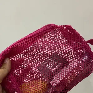 Tas Pouch Make Up Transparan Jaring Polos Tas Kosmetik Travel Bag Organizer New Size M Warna Pink Hitam putih real pict