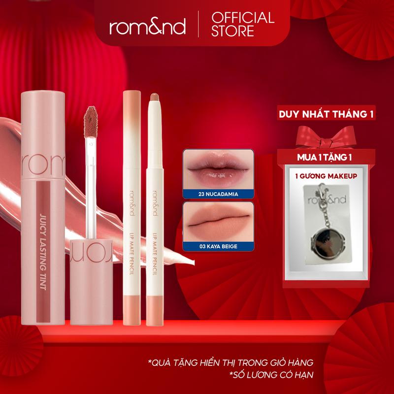Rom&nd Combo Son Tint Lì Romand Juicy Lasting Tint 5.5g + Chì Kẻ Viền Môi Kèm Cọ Tán Romand Lip Mate Pencil 0.5g