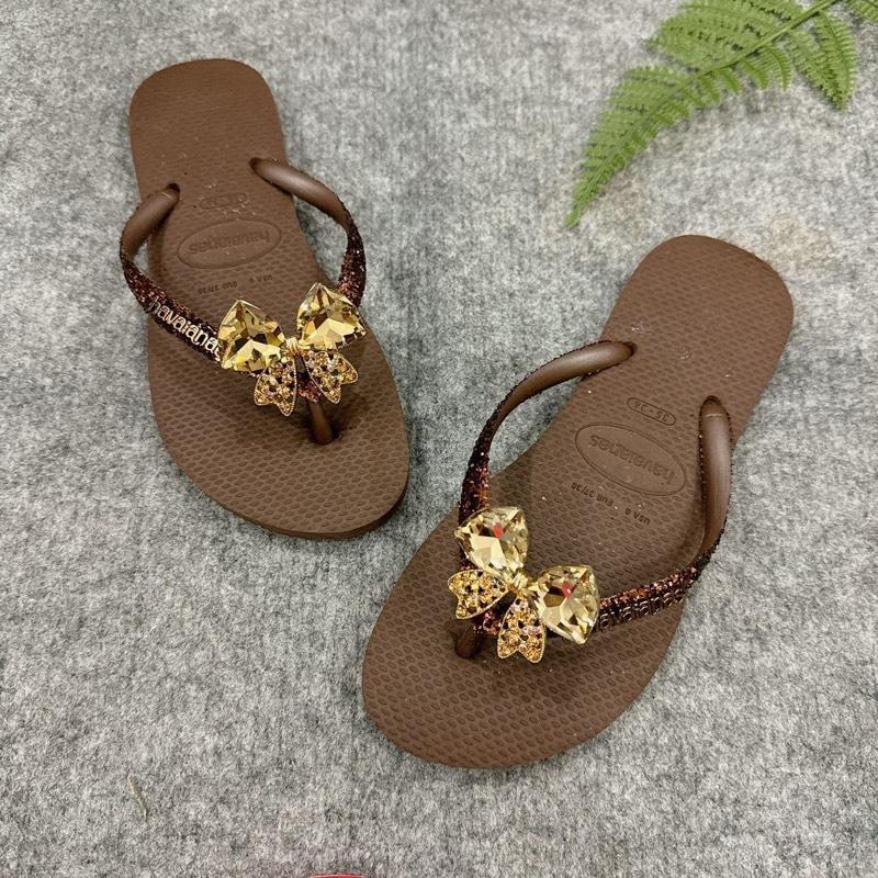 Havaianas - Dép Nữ Kim Tuyến Sợi Quai Mix Charm Nơ Đá Cao Su Êm Chân Lâm Trân.