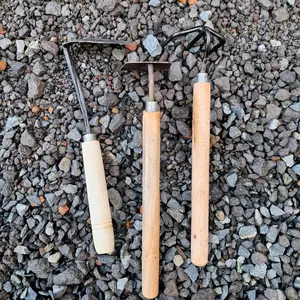 Paket cangkul rumput 3pcs serbaguna - cangkul tanah gagang kayu - garuk sampah - cangkul rumput baja