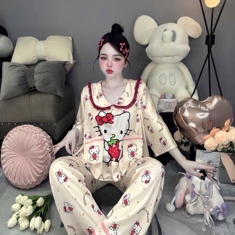 Đồ bộ nữ mặc nhà tay dài dành cho nữ from rộng cánh dơi chất lụa latin tơ tằm cổ sen hoạ tiết dễ thương mặc bốn mùa phù hợp sz 40-60kg