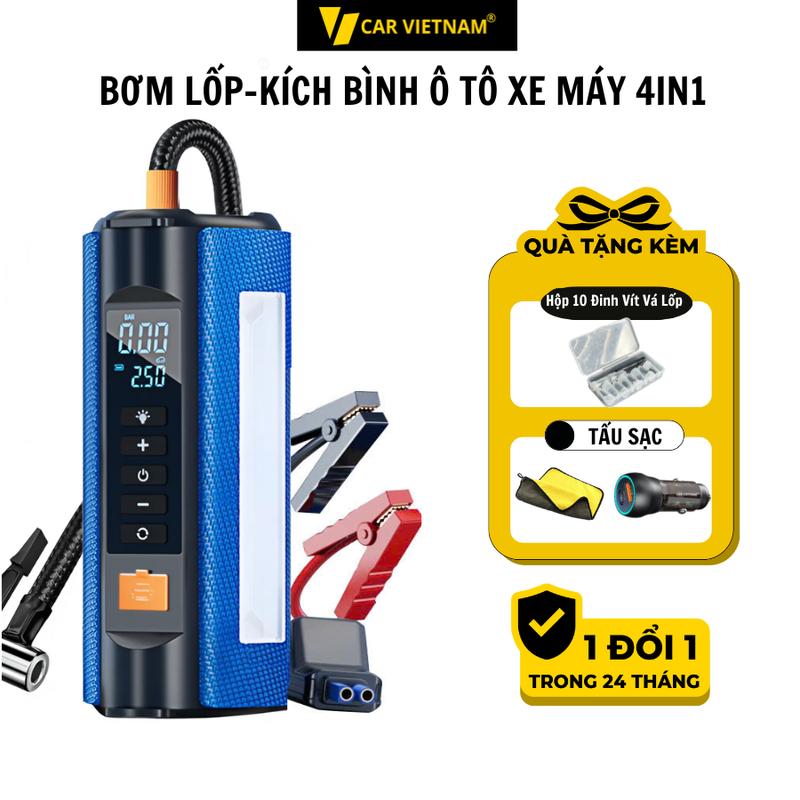 Bơm Lốp ,Kích Bình Ô tô, Xe Máy 4in1 CAR VIETNAM 12V, Pin LI-PO, Kiêm Sạc Dự Phòng , Đèn Pin Chiếu Sáng, Model 2025, Lỗi Đổi Mới