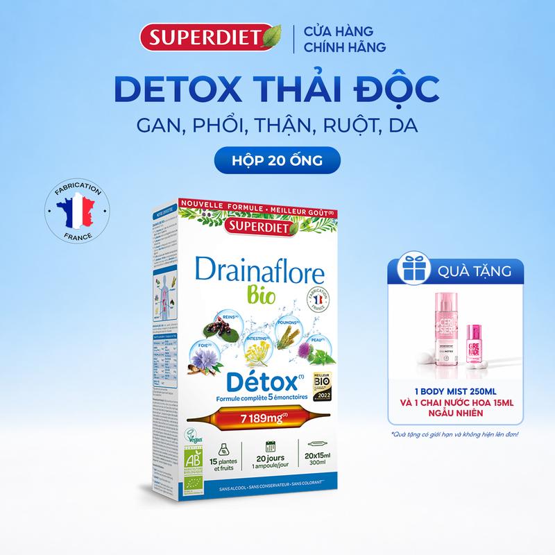 Nước uống detox hỗ trợ thanh lọc cơ thể 5in1 Superdiet Drainaflore Bio Detox 20 ống x 15ml
