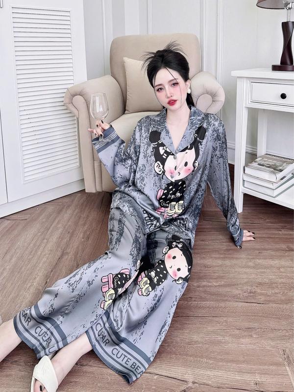 Đồ Bộ Pijama Dành Cho Nữ, Chất Vải Lụa Latin Tơ Tằm, Thoáng Mát, Tay Ngắn Và Tay Dài Quần Dài In Họa Tiết Loang Màu Xám Hoạt Hình [Size 45-60kg và 61-75kg], Có Bigsize  Women