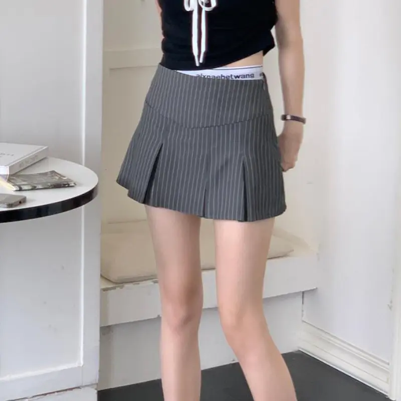 Rok lipit retro Amerika Rok garis-garis wanita ala Korea Pendek Casual Shakila Baju Dewasa Panjang Hitam Katun 3
