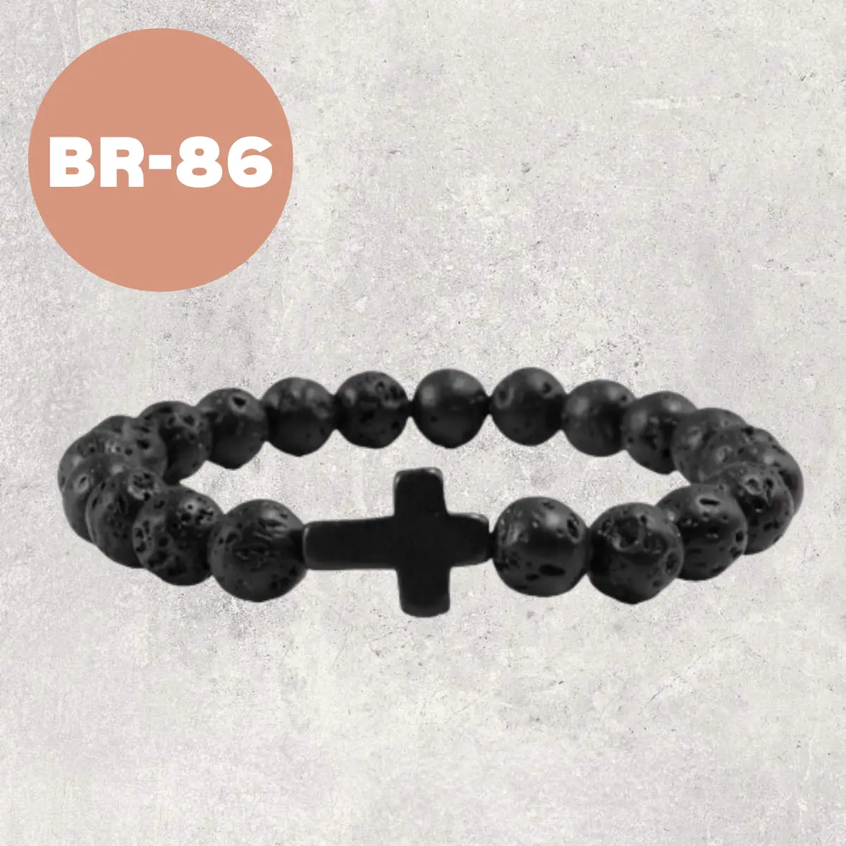 Cross Black Lava Bracelet, Classic Bracelet with Cross Charm, Stretched Black Round Bracelet for Men Women, Religious Gift for Friends