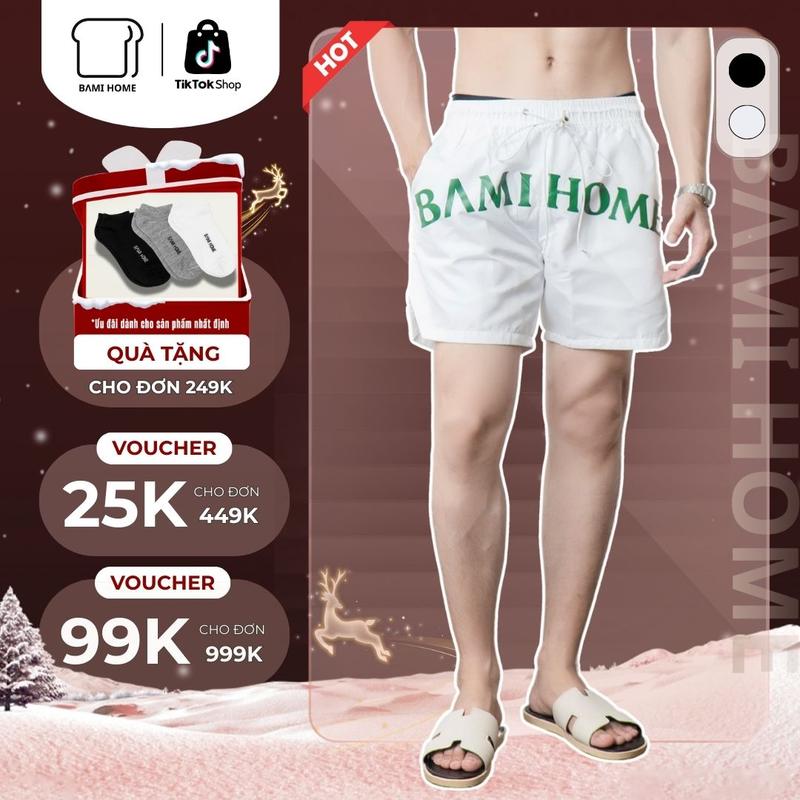 Quần short nam PURA BAMI HOME quần vải dù kháng nước có dây rút lưng thun co giãn form trên gối QB09
