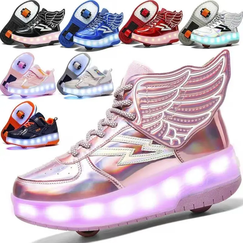 Sport shoes roller high heels two wheels roller skates rechargeable LED shoes girls shoes size 28-40