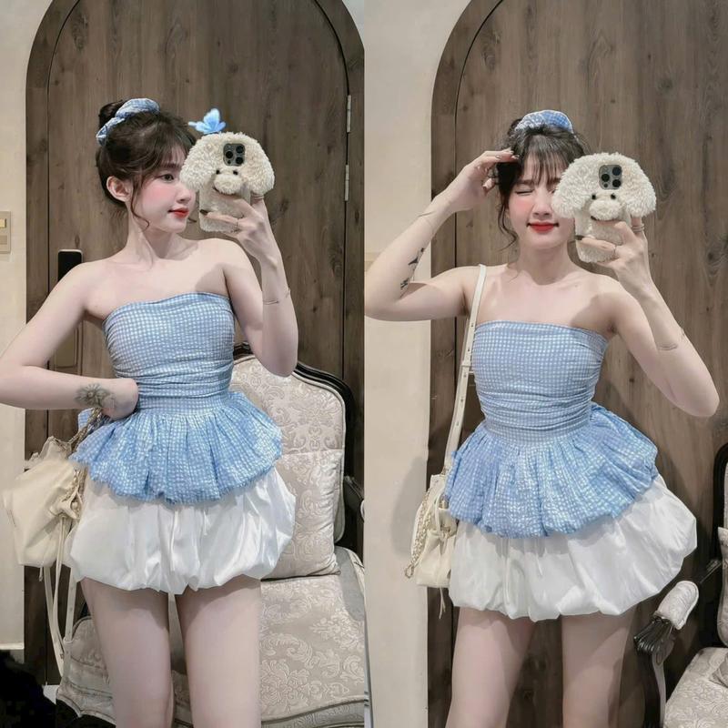 Set bộ nữ 3 món áo quây xòe bèo mix chân váy bí xinh xắn kèm dây buộc tóc Hot