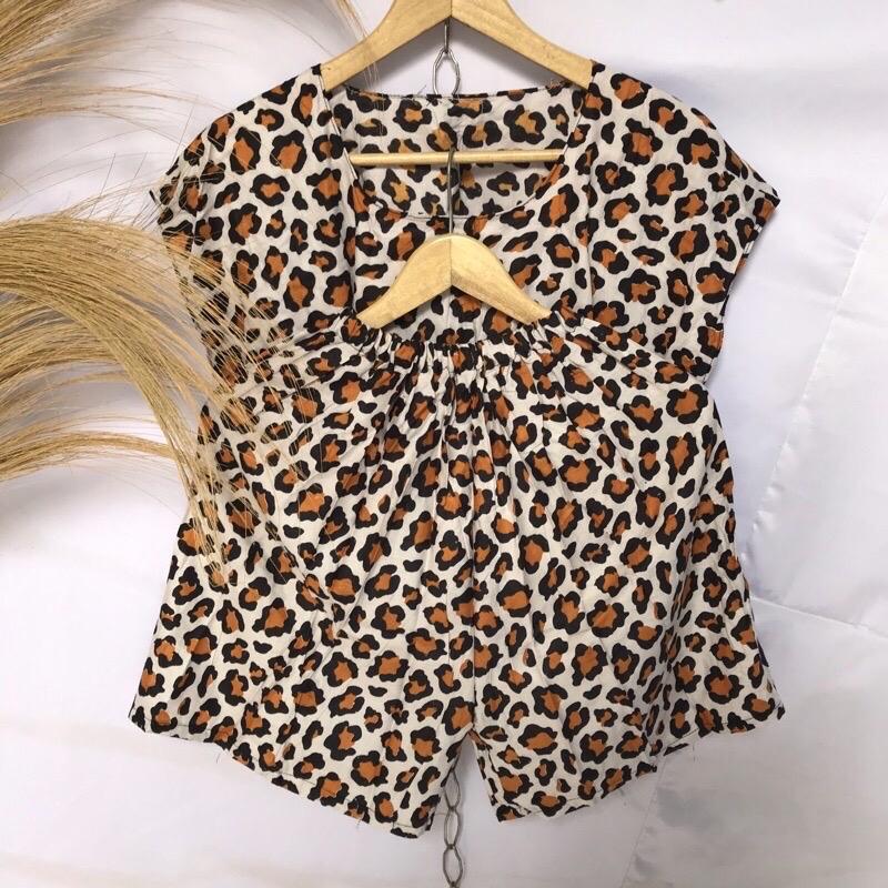 ￼SET PENDEK Baby doll allsize motif leopard macan dan bunga Baju Celana Dewasa Wanita Setelan 4