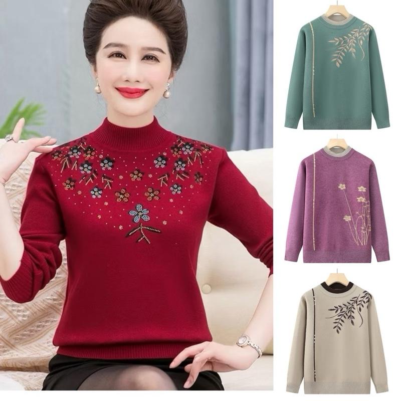 Áo len trung niên nữ Áo len cổ cao phối hoa,Phong cách thanh lịch sang trọng Chất liệu len Dệt kim mềm mịn Top Women