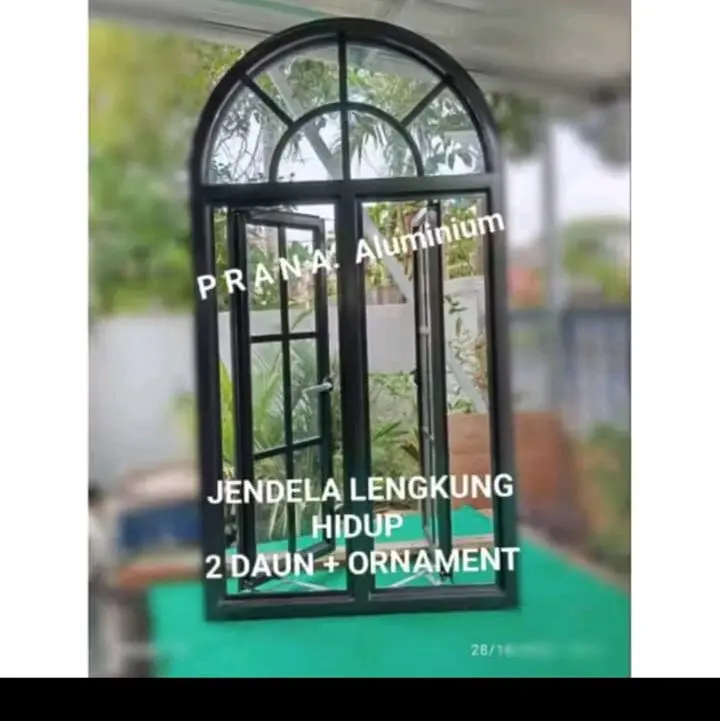 Jendela LENGKUNG Aluminium Model Bukaan 2 Daun, L=80 cm, Free Packing Kayu
