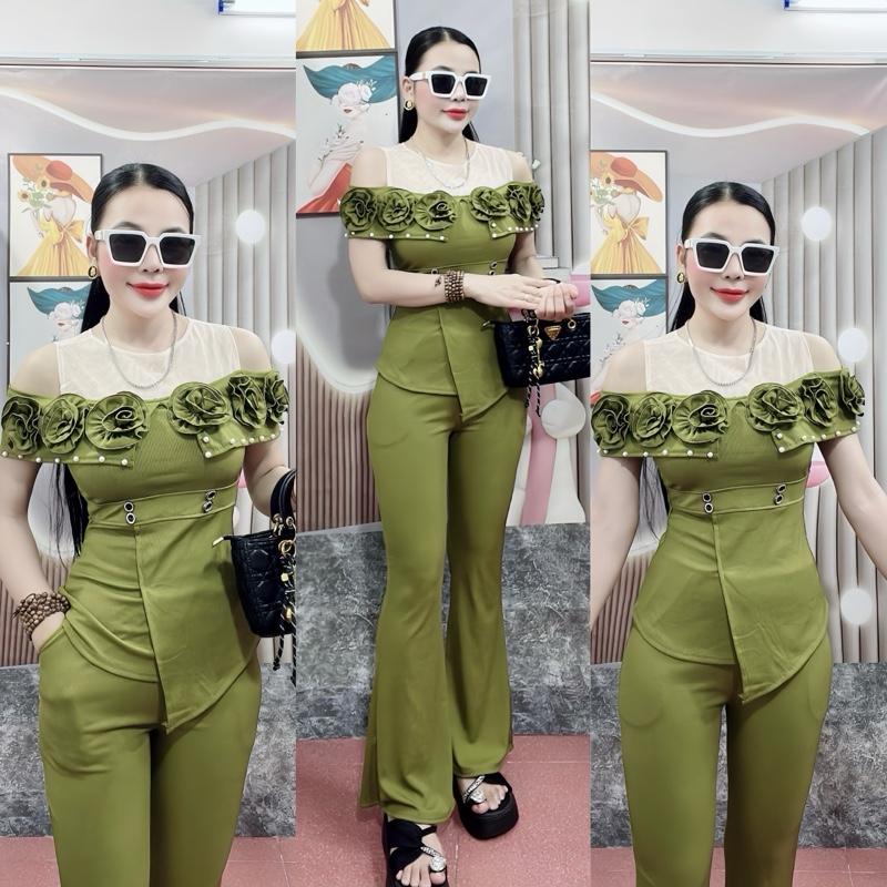 SÉT BỘ THIẾT KẾ ÁO TAY RỚT PHỐI 6 BÔNG QUẦN DÀI ỐNG LOE  . Chất liệu : Thun tăm lạnh quảng châu cao cấp , mẫu về đủ size 40-70kg