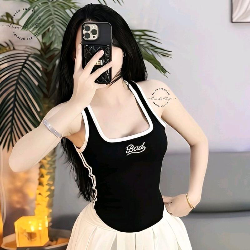 Không Mod Áo Thun 3 Lỗ Cổ Vuông Sâu Khoe Ngực In Chữ BAD Lưng Chữ Y Phối Viền Dáng Lửng Vạt Bầu - Miriahu Shop Daily aotanktop aoxinh aothun áoxinhcógu Áo Thun Ôm Tôn Dáng