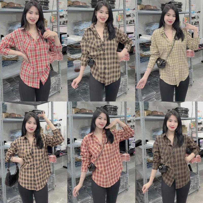  Áo Sơ Mi Nữ Tay Dài Sọc Caro Form Rộng Giấu Quần RGQ32 