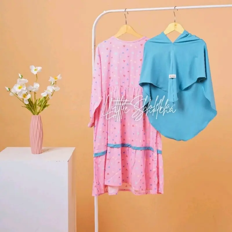 Gamis anak perempuan gamis lebaran set hijab motif Dress Cantik Muslim Katun 0