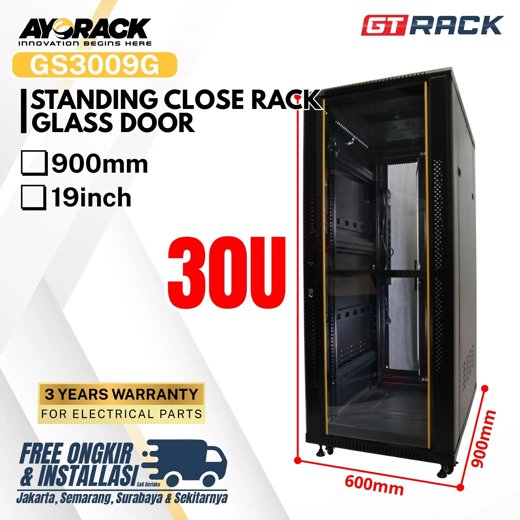 STANDING CLOSE RACK 30U GT RACK GS3009G – RAK SERVER  GLASS DOOR DEPTH 900MM