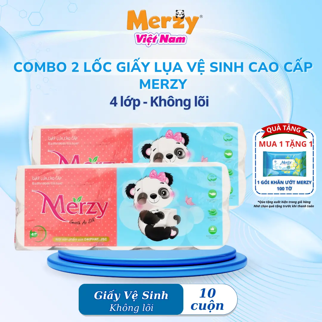 Combo 2 Dây Giấy Vệ Sinh Merzy 1,5kg, Mềm Mại, Siêu Tiết Kiệm - Có Lõi, 10 Cuộn, 4 Lớp [MUA 1 TẶNG 1 KHĂN ƯỚT MINI]