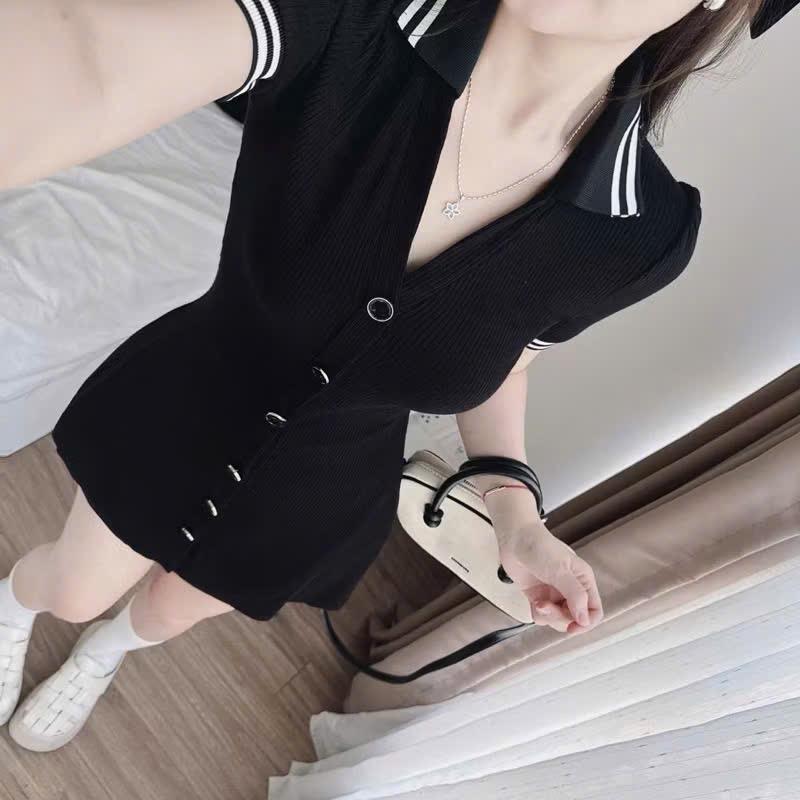 Váy umi cổ V viền bo len tiểu thư ! 4