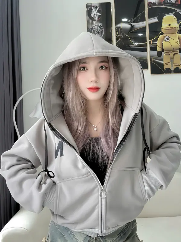 Áo Khoác Nỉ Form Rộng - Áo Khoác Nón To In Chữ Hoodie Zíp 4 Túi Unisex MissStore Fullsize M L. Nữ Women 4