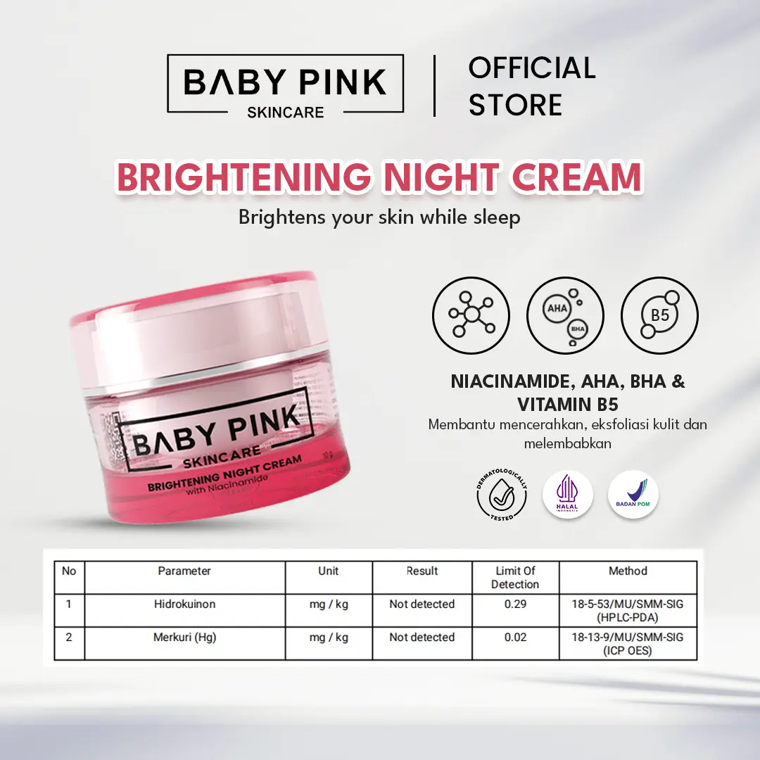 Baby Pink Skincare - Brightening Night Cream With Niacinamide 10 g | Krim Malam Wajah Glowing Mencerahkan Memutihkan Wajah Cream Flek HItam Bekas Jerawat Untuk Semua Jenis Kulit - Baby Pink Skincare Pencerah Pelembab Perawatan