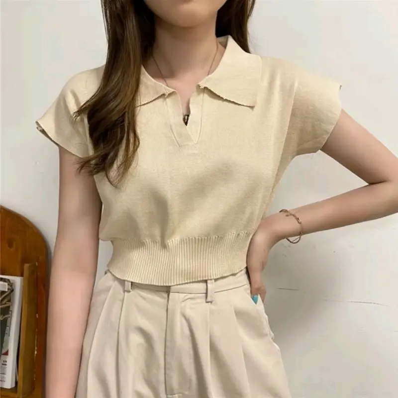 Atasan Rajut Polo Crop Top Knit / Crop Top Wanita Polos / Casual Top Pendek Knitwear Kerah 2