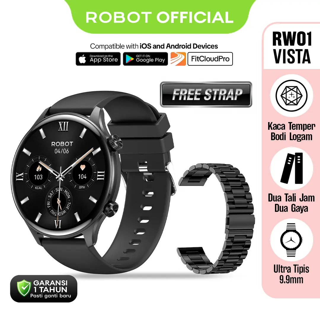 ROBOT Smartwatch RWO1 VISTA Jam Tangan Pintar 1.75 Inch Ultra Tipis 9.9mm Tempered Glass Bodi Logam Tahan Gores Garansi 1 Tahun Bluetooth 5.3 Dua Tali Jam Dua Gaya ROBOT Official