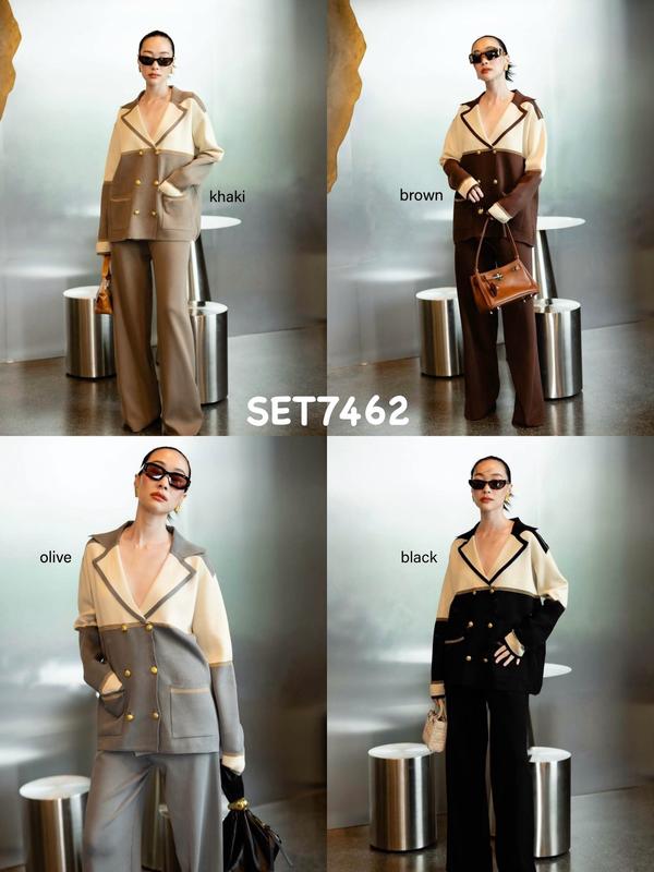SET7462 Suit Style Blazer Top with Long Pants Knit Set 1