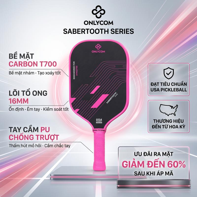 Vợt Pickleball ONLYCOM Carbon T700 16mm - Lõi Tổ Ong Cao Cấp, Tay Cầm Êm Ái…